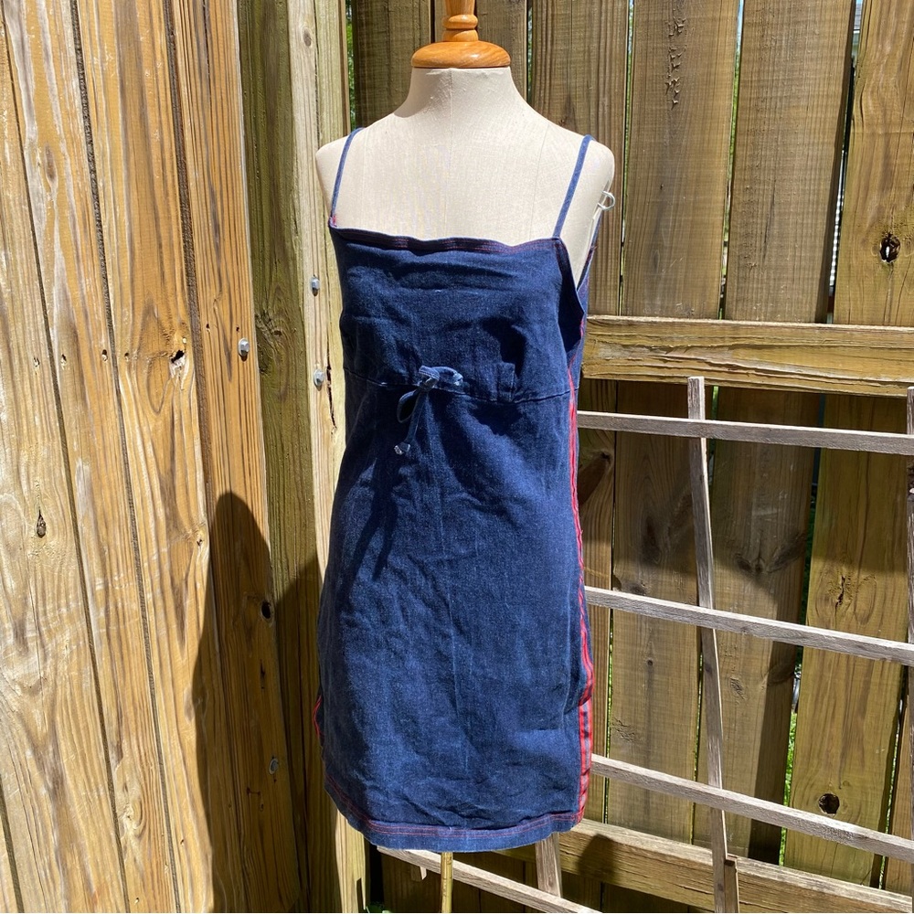 Vintage Hana denim dress Y2k 90s babydoll dress racer stripe at side S L